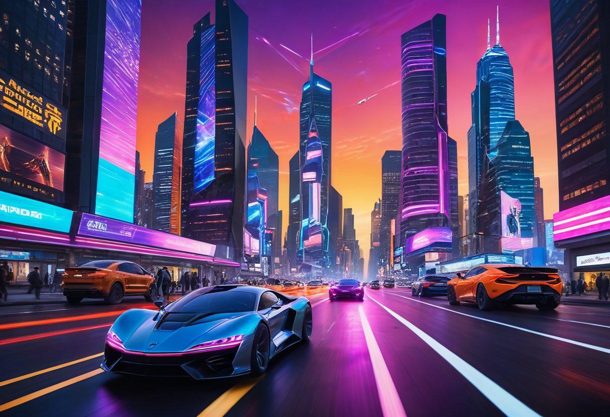 A futuristic cityscape with flying cars zooming through sleek skyscrapers under a vibrant sunset, with holographic billboards advertising intergalactic auto insurance. In the foreground, a diverse group of interstellar motorists engaging with a digital interface showcasing various coverage plans. The atmosphere is bustling yet serene, highlighting advanced technology and personal safety. super-realistic. vibrant colors. sci-fi style.