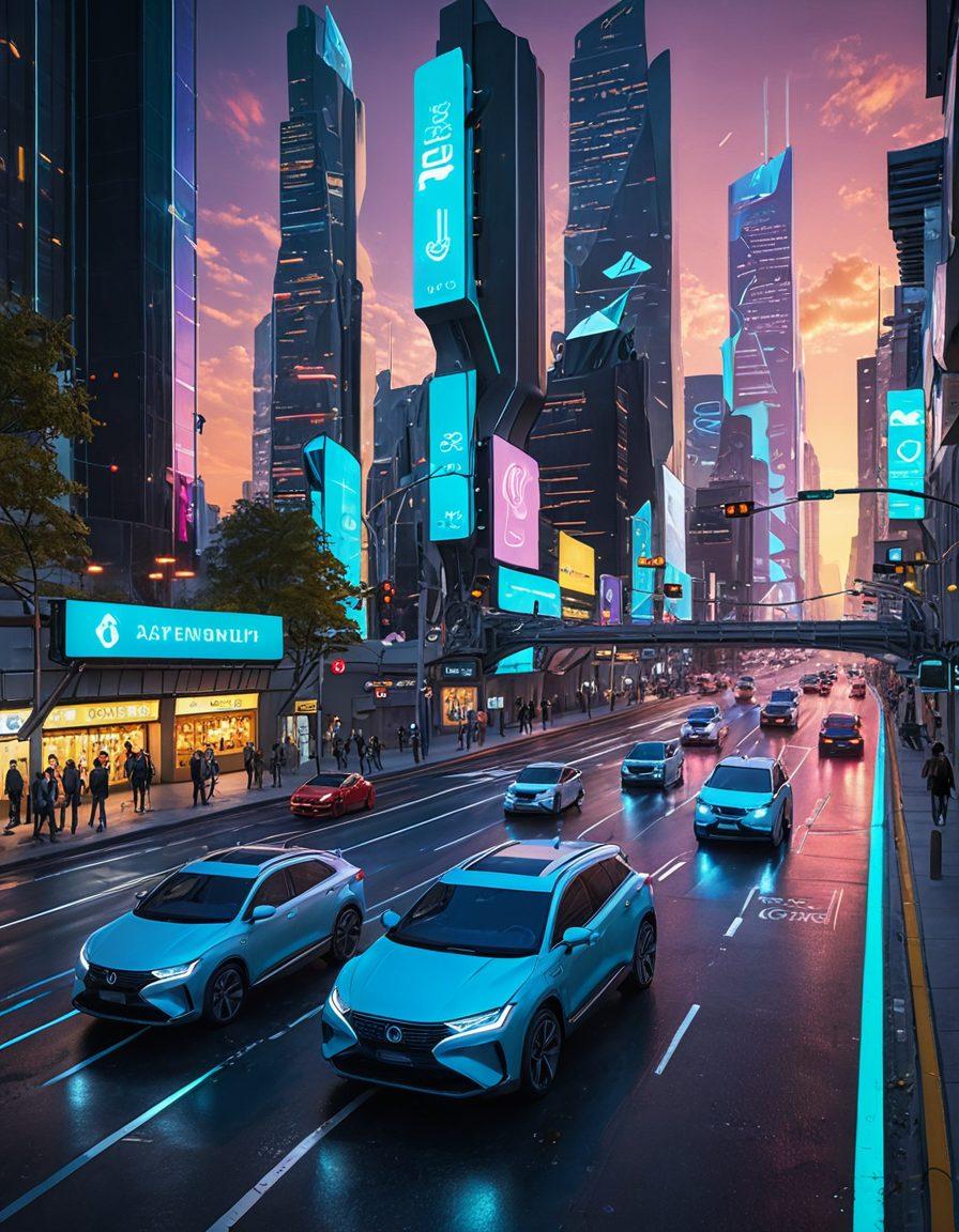 A futuristic cityscape featuring autonomous vehicles navigating smart roads, with digital displays showcasing innovative insurance options and road safety tips. Include diverse motorists engaged in safe driving practices, alongside holographic safety signs, and a serene sunset sky. The scene should convey a sense of technology and progress while highlighting community and safety. vibrant colors. 3D. cyberpunk.